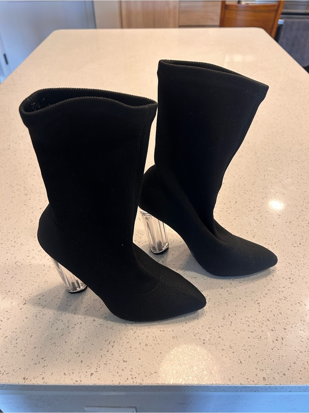 Black Stretch Sock Booties with Clear Block Heel